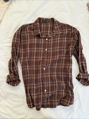 SHEIN Brown Plaid Button-Down Shirt with Cream Accents medium US6
